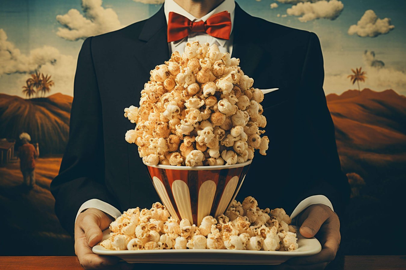 Cinema Gastronomique image of an elegant waiter serving a bowl of popcorn